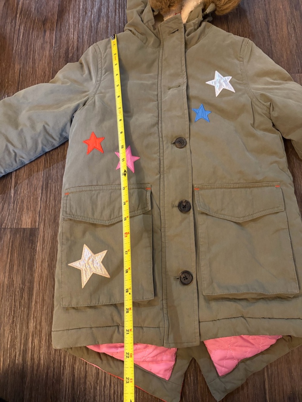 Mini Boden Kids' Cozy Rainbow Star Parka in Army Green Size 6-7 - Picture 4 of 7